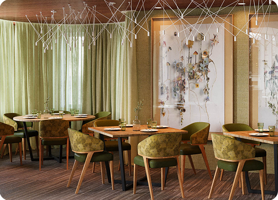 a room with tables and chairs