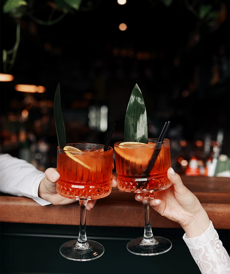 two hands holding glasses with orange liquid and leaves