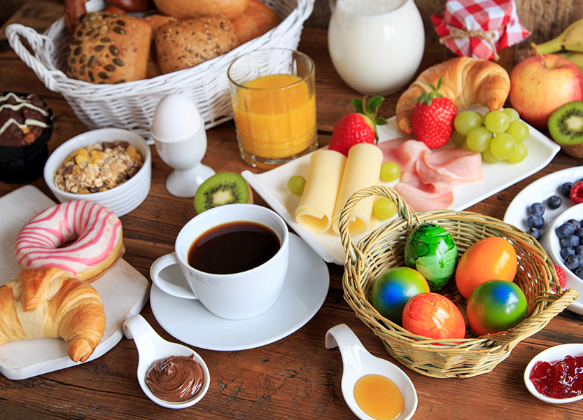 a table with food and drinks