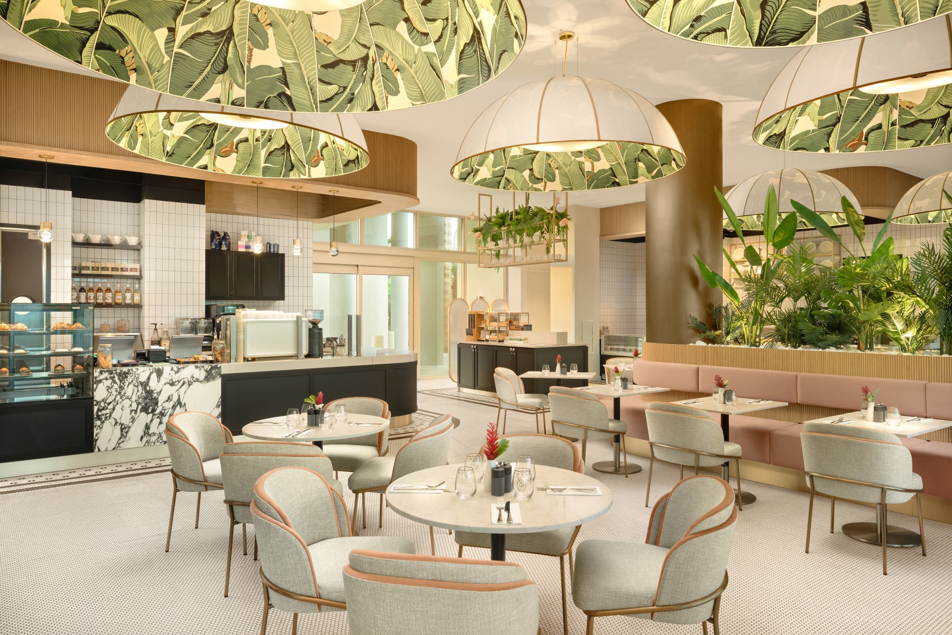 a restaurant with tables and chairs