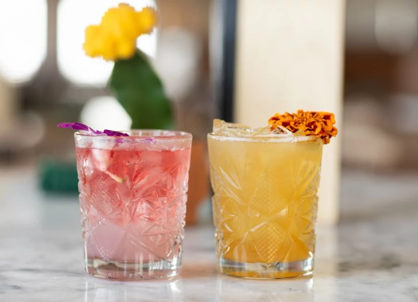 two glasses with drinks on a table