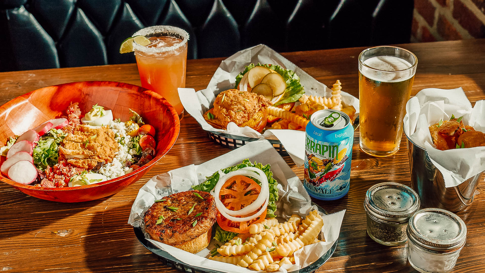 a table with food and drinks