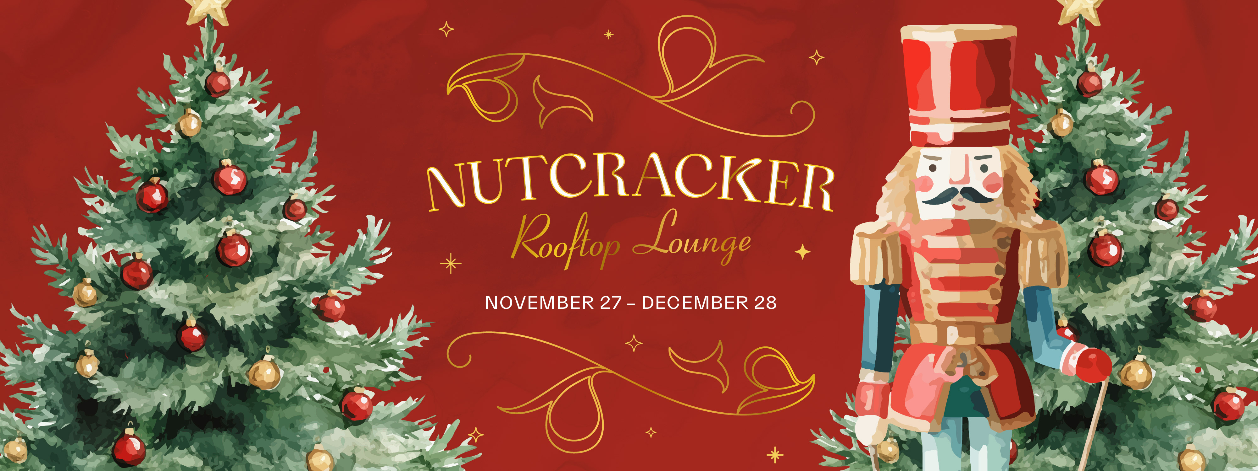 a red and gold poster with text and pine branches