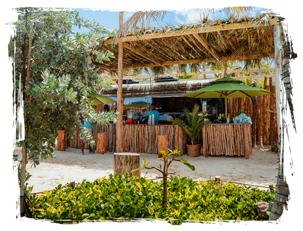 a bar with a man standing behind a wooden structure