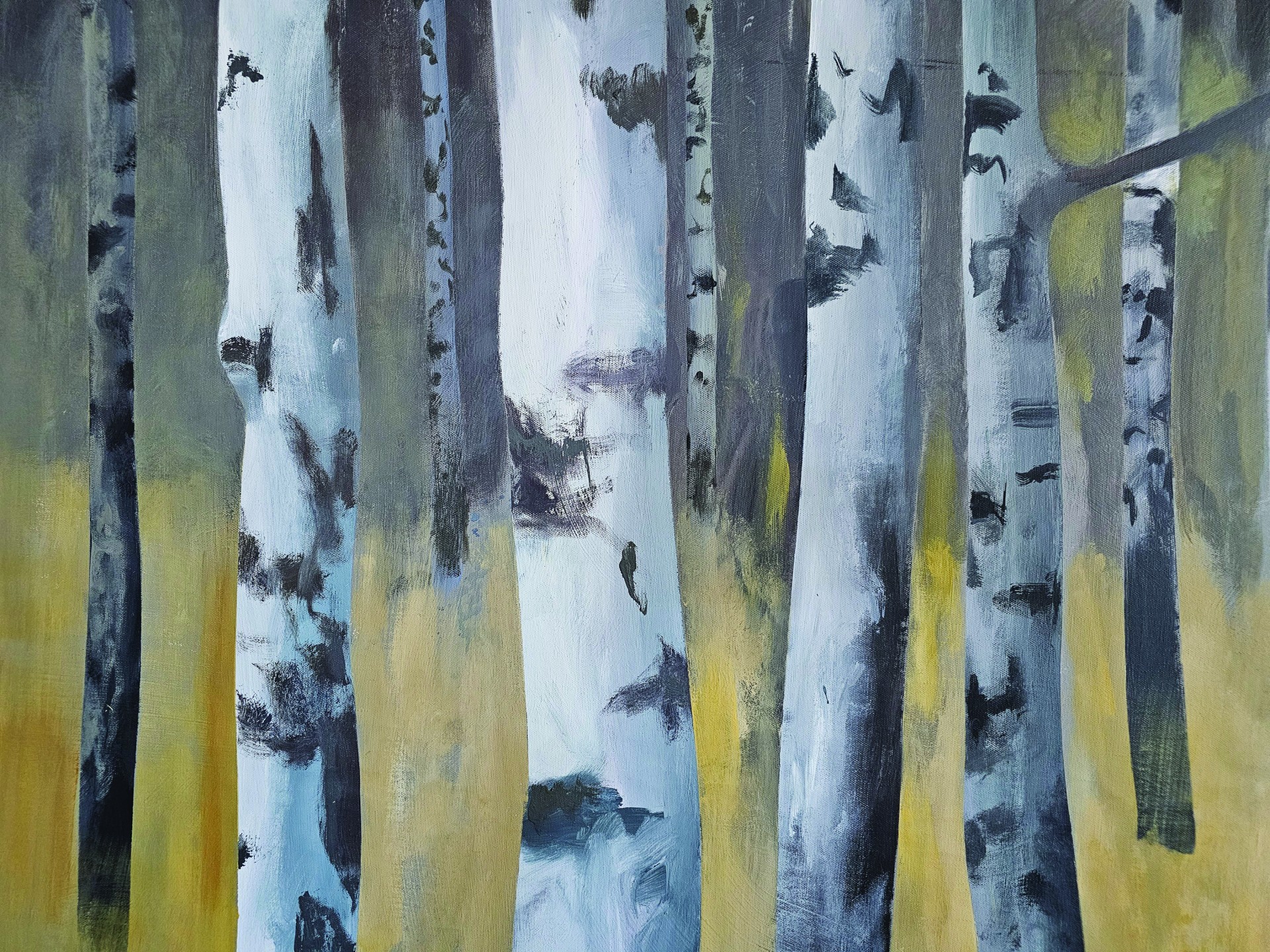 a painting of trees in a forest