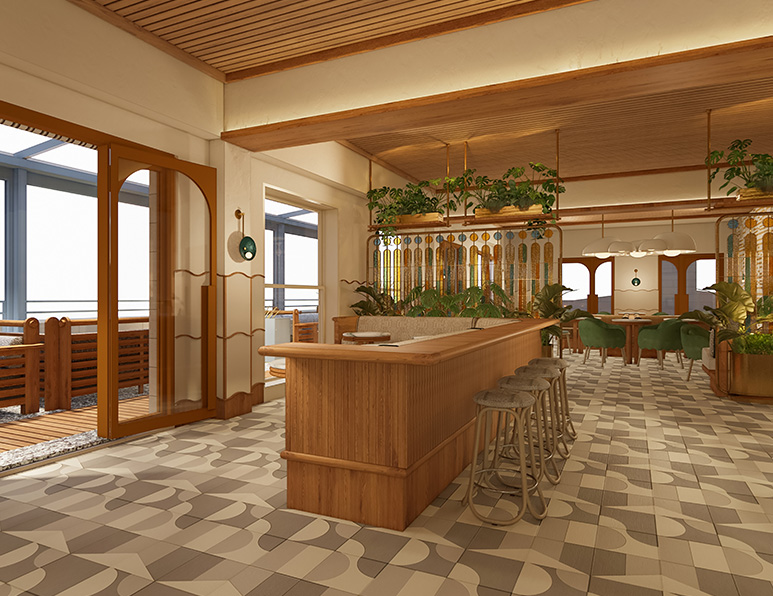 a room with a bar and chairs