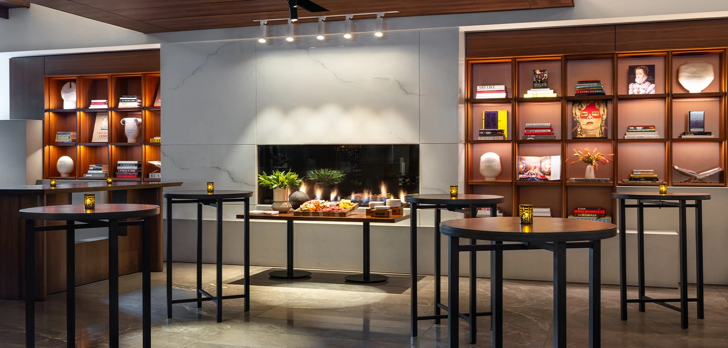 a room with tables and chairs