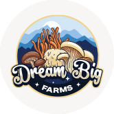 a logo with mushrooms and mountains