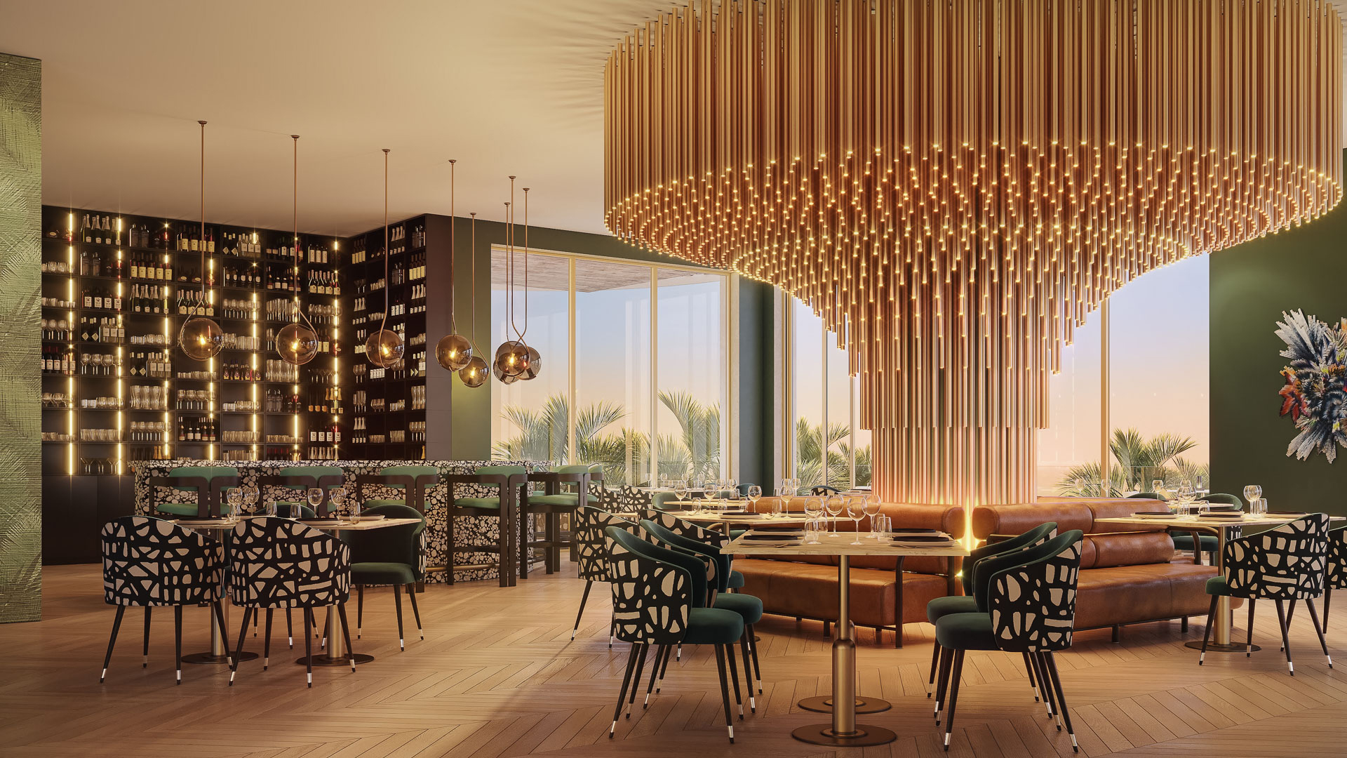 a restaurant with a chandelier and tables