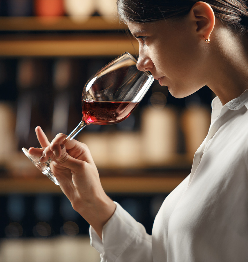 a brunette woman smelling a red wine glass
