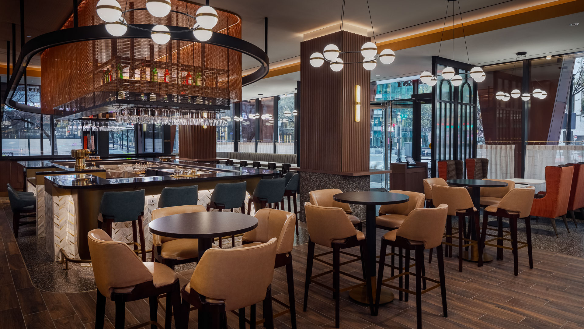 a restaurant with tables and chairs