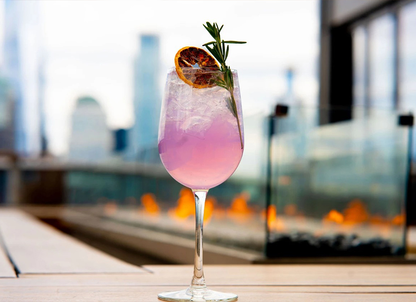 a glass of pink drink with a slice of orange and rosemary