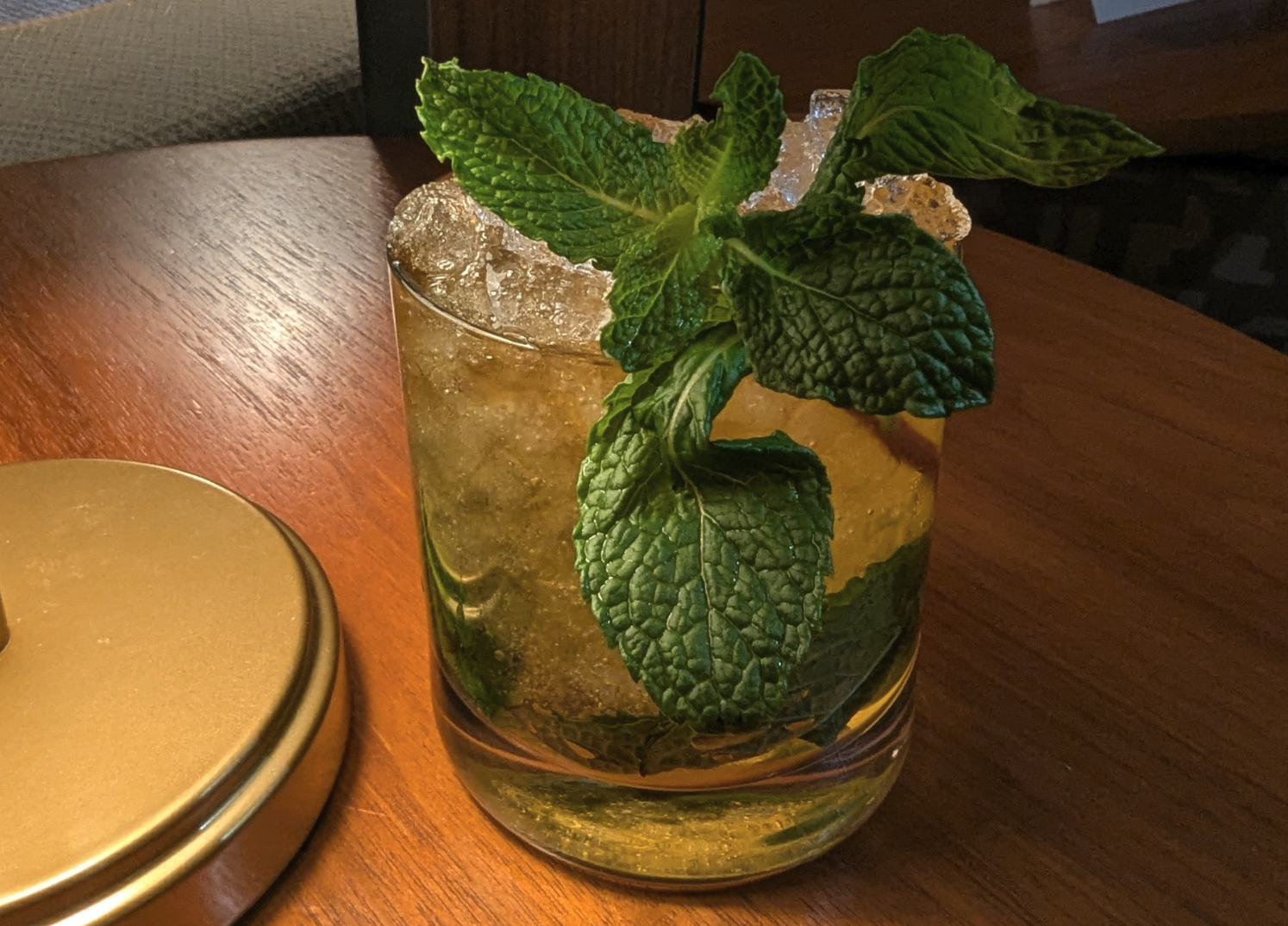 a glass with a drink and a leafy plant on top