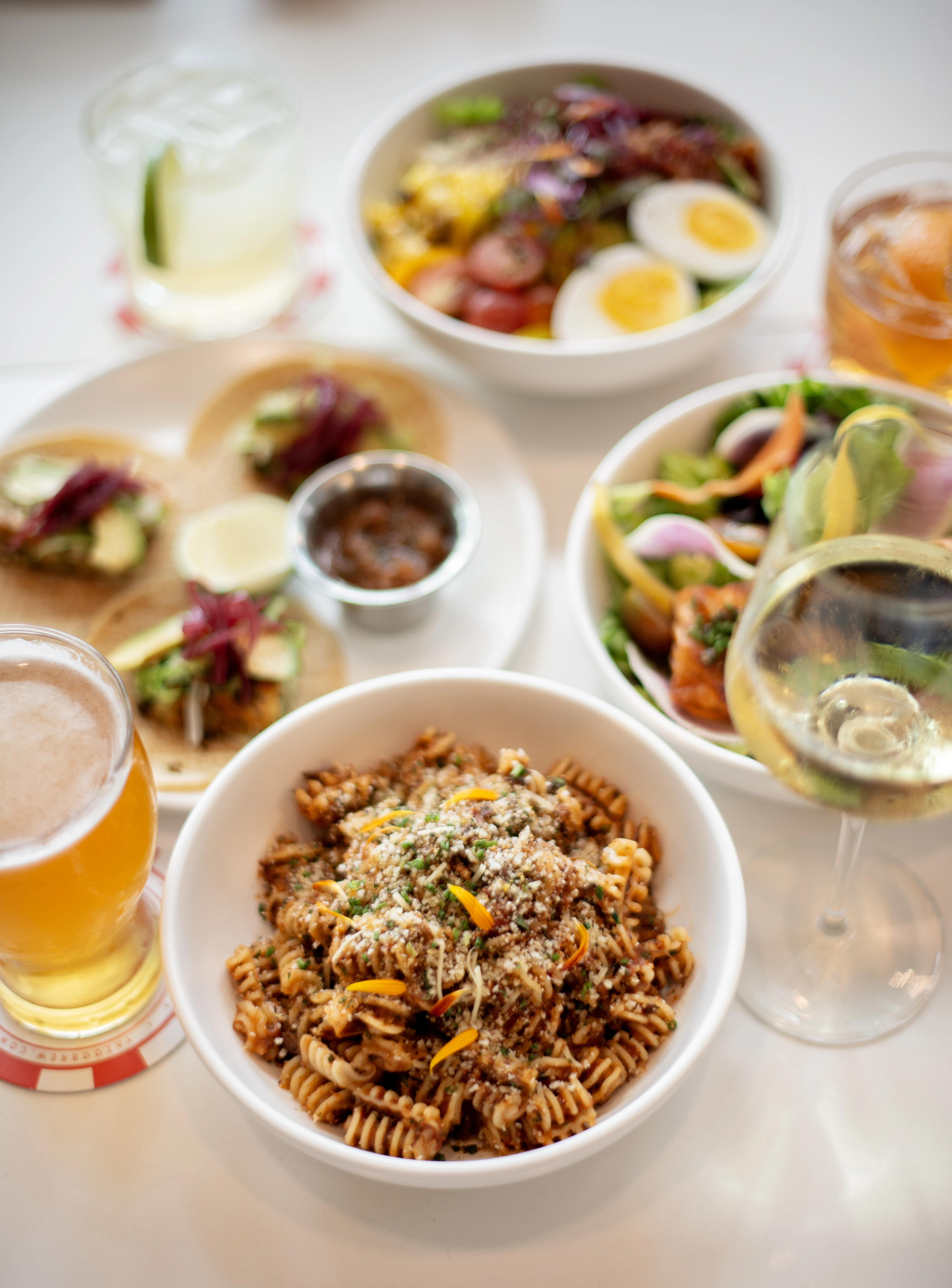 a table with food and drinks