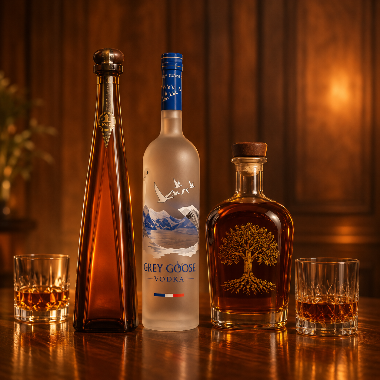 bottles and glasses on a table