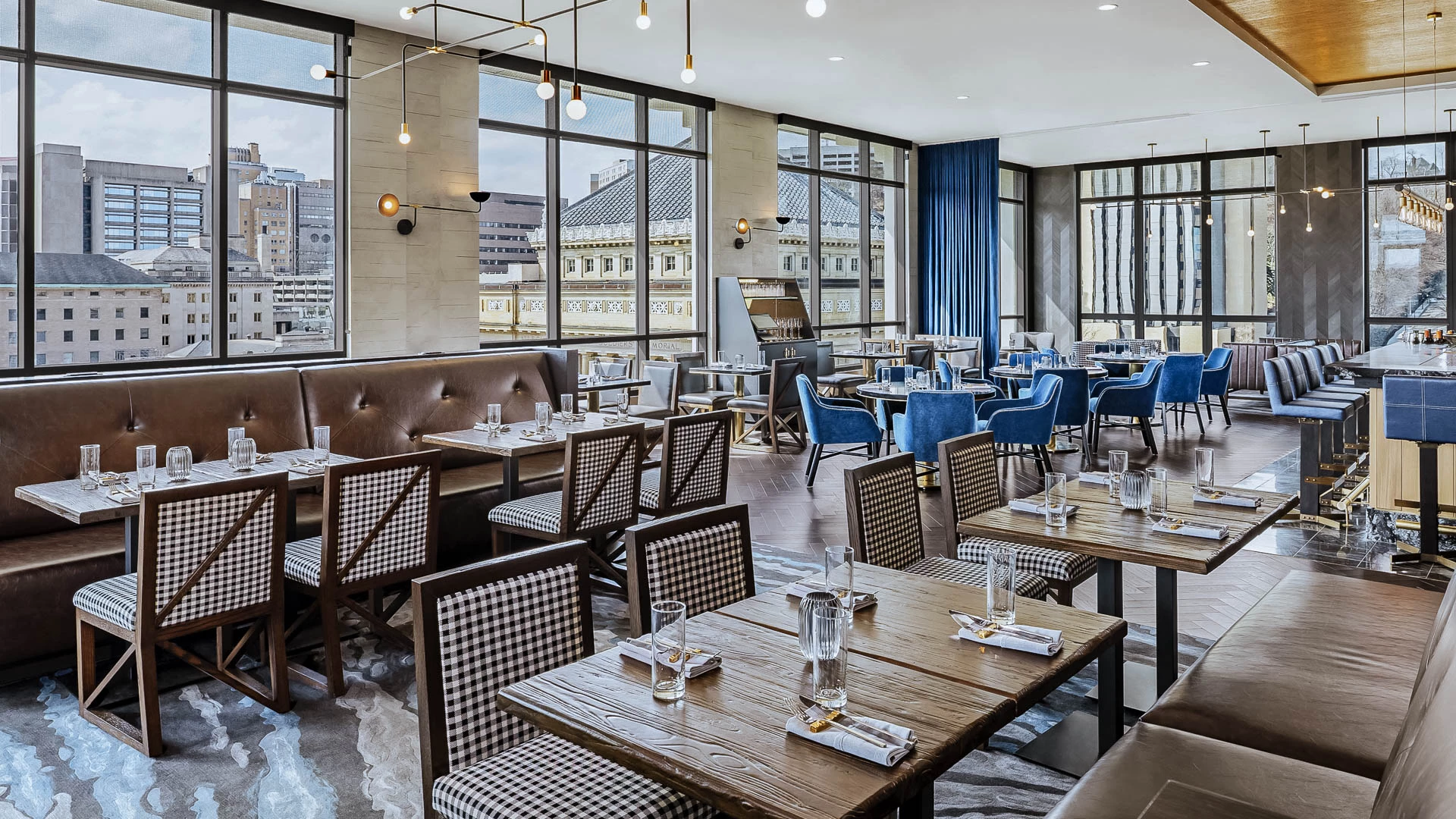 a room with tables and chairs