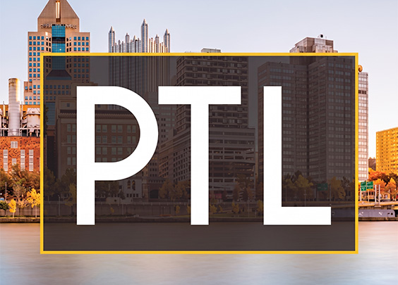 a city skyline with a sign