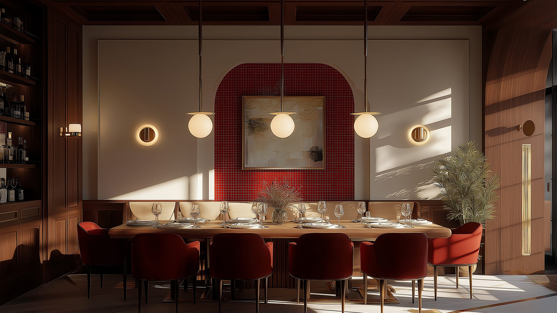 a table with chairs and a painting on the wall