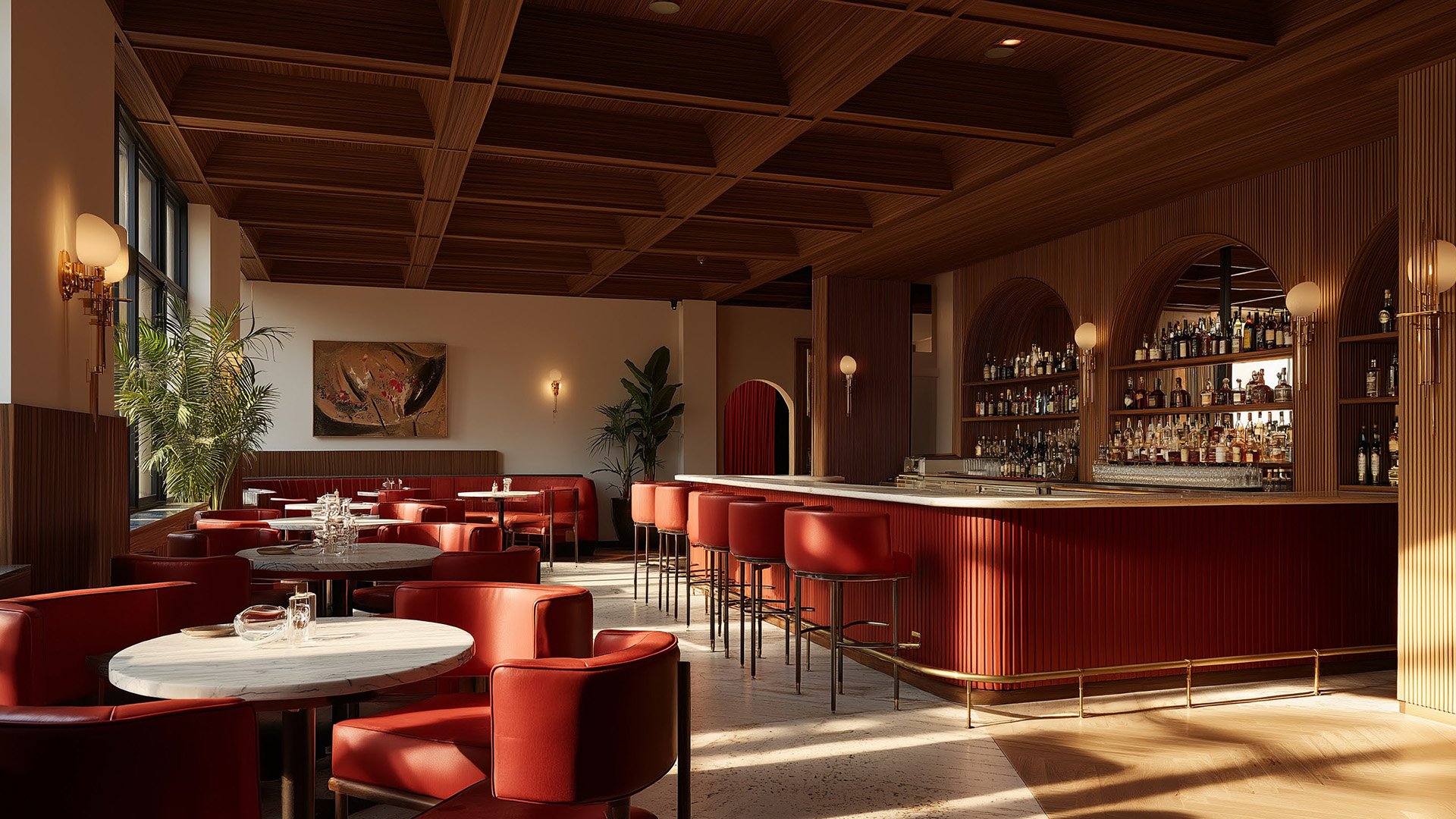 a room with a bar and chairs