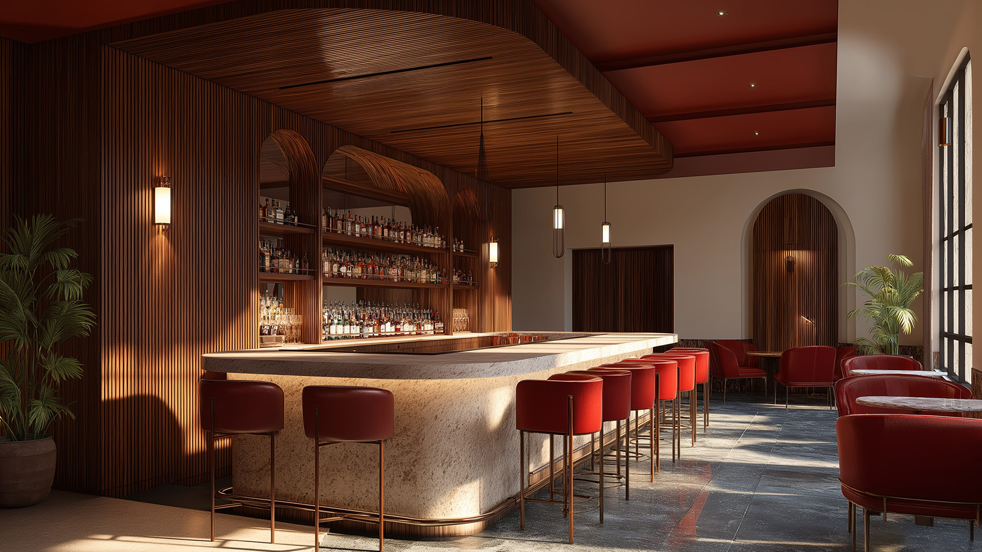 a bar with a counter and chairs