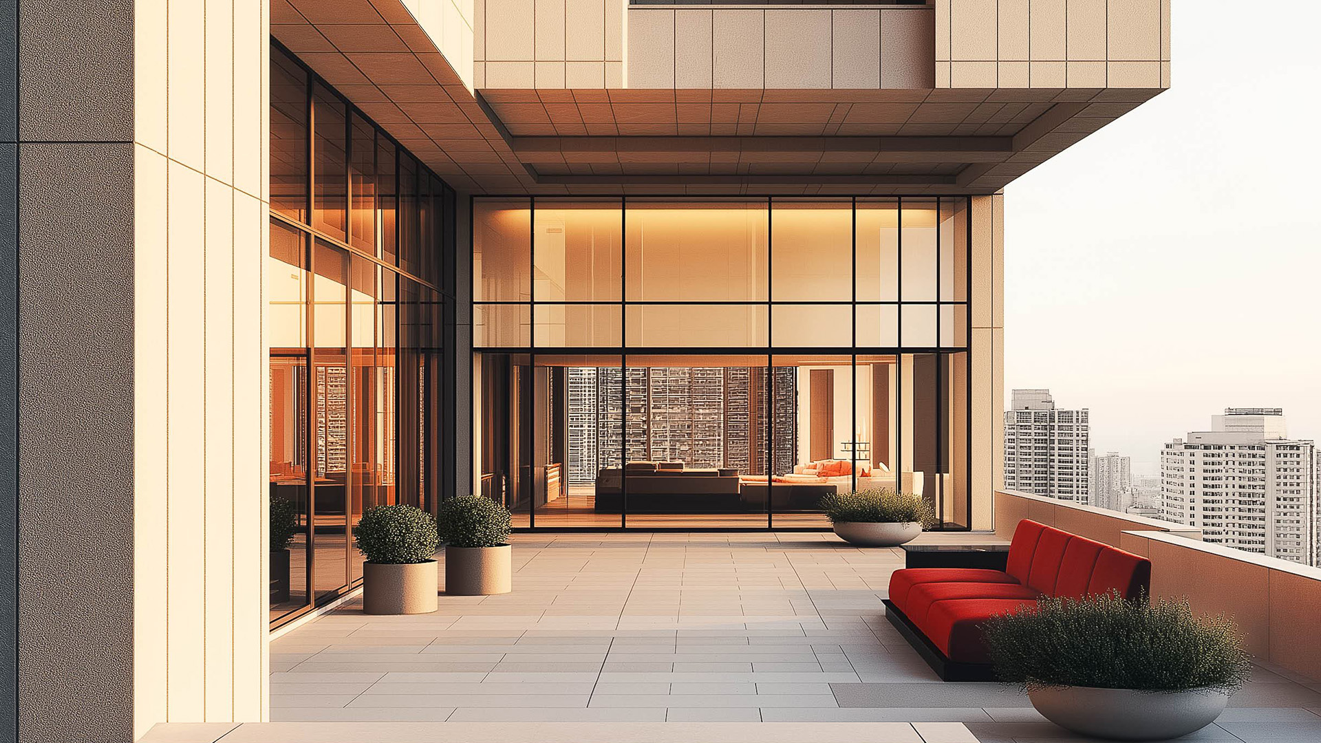 a building with glass walls and a red couch