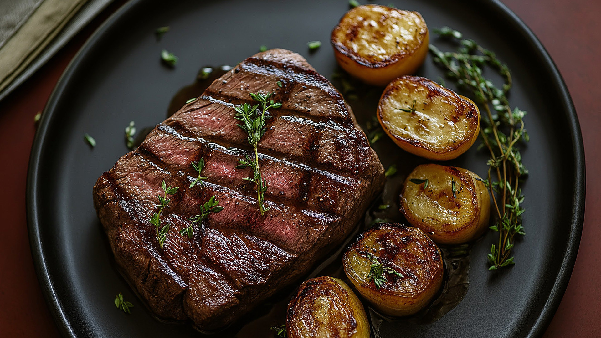 a piece of steak and potatoes on a plate