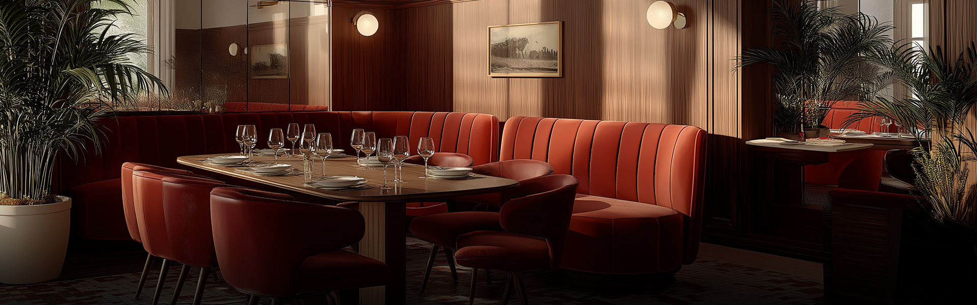 a table with red booth seats and wine glasses