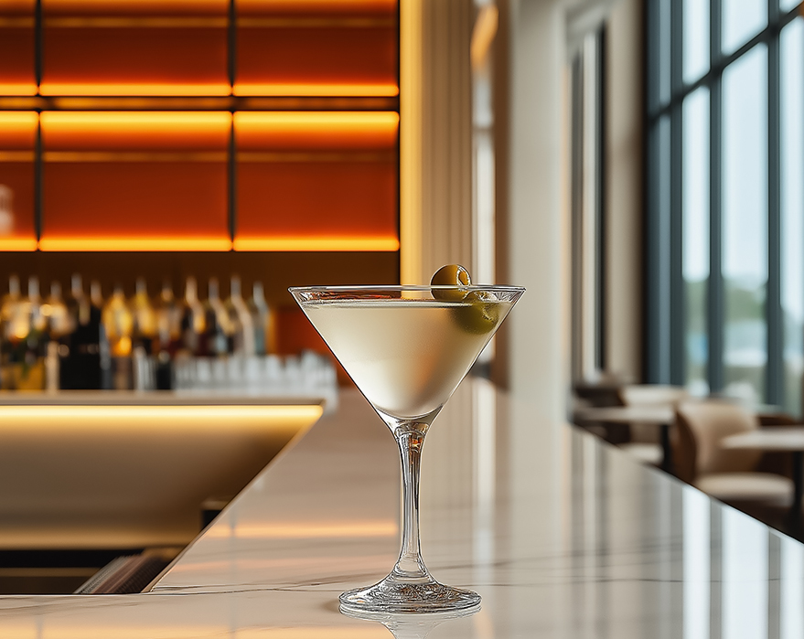 a martini glass with a green olive on top of it