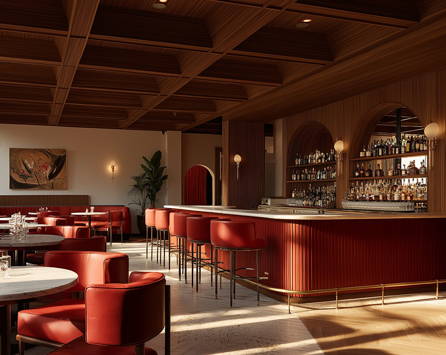 a bar with red chairs and tables