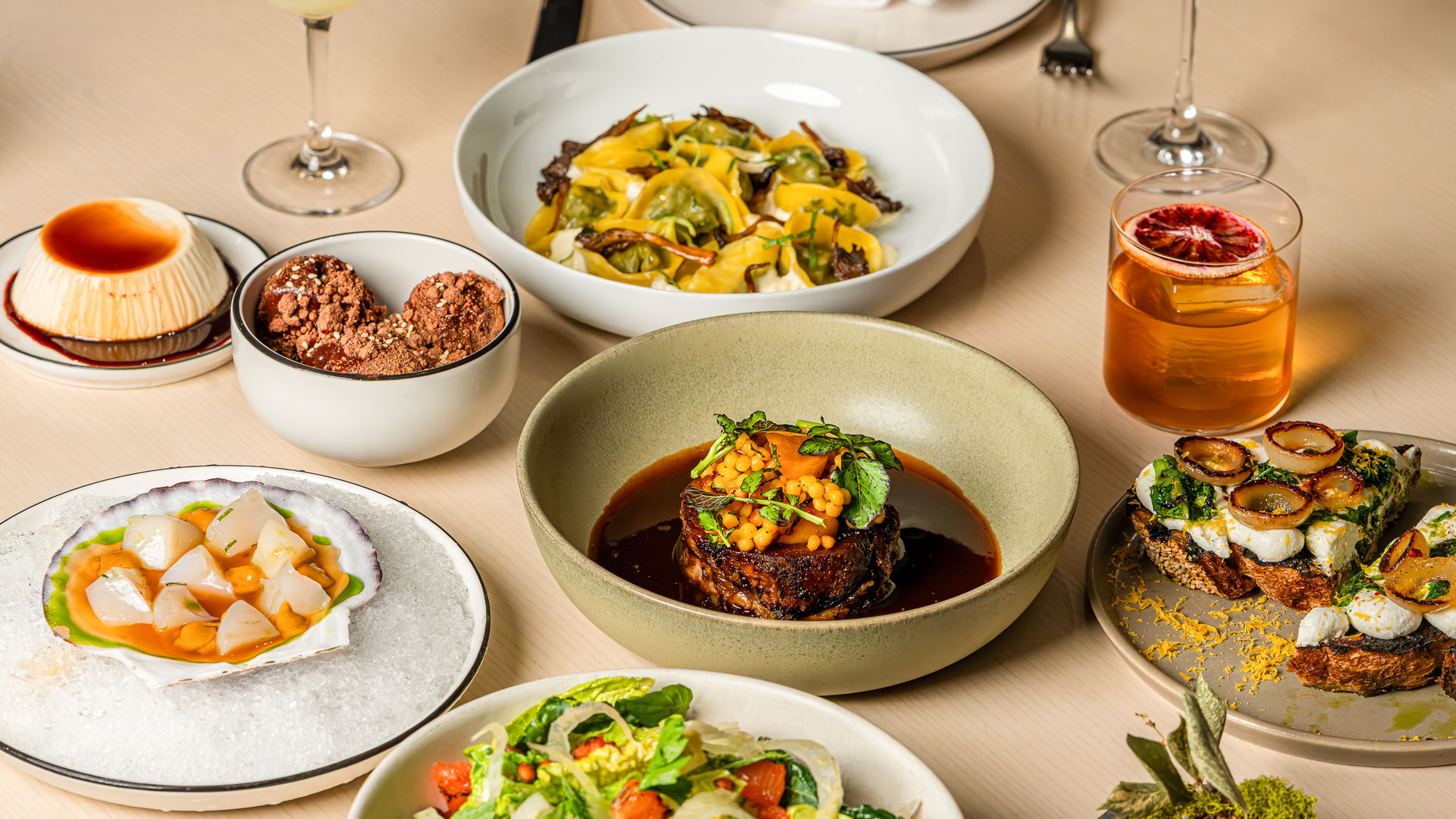 a table with different food items