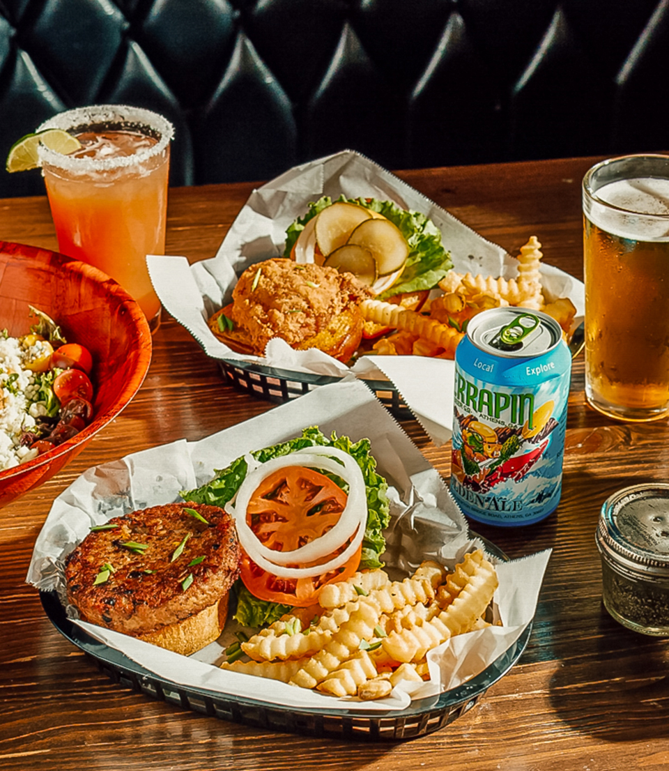 a table with food and drinks