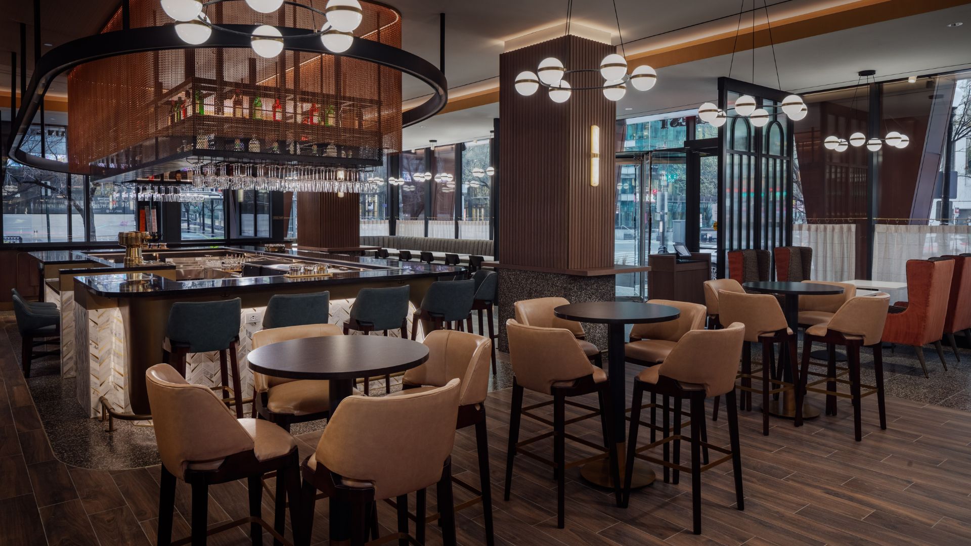 a restaurant with tables and chairs