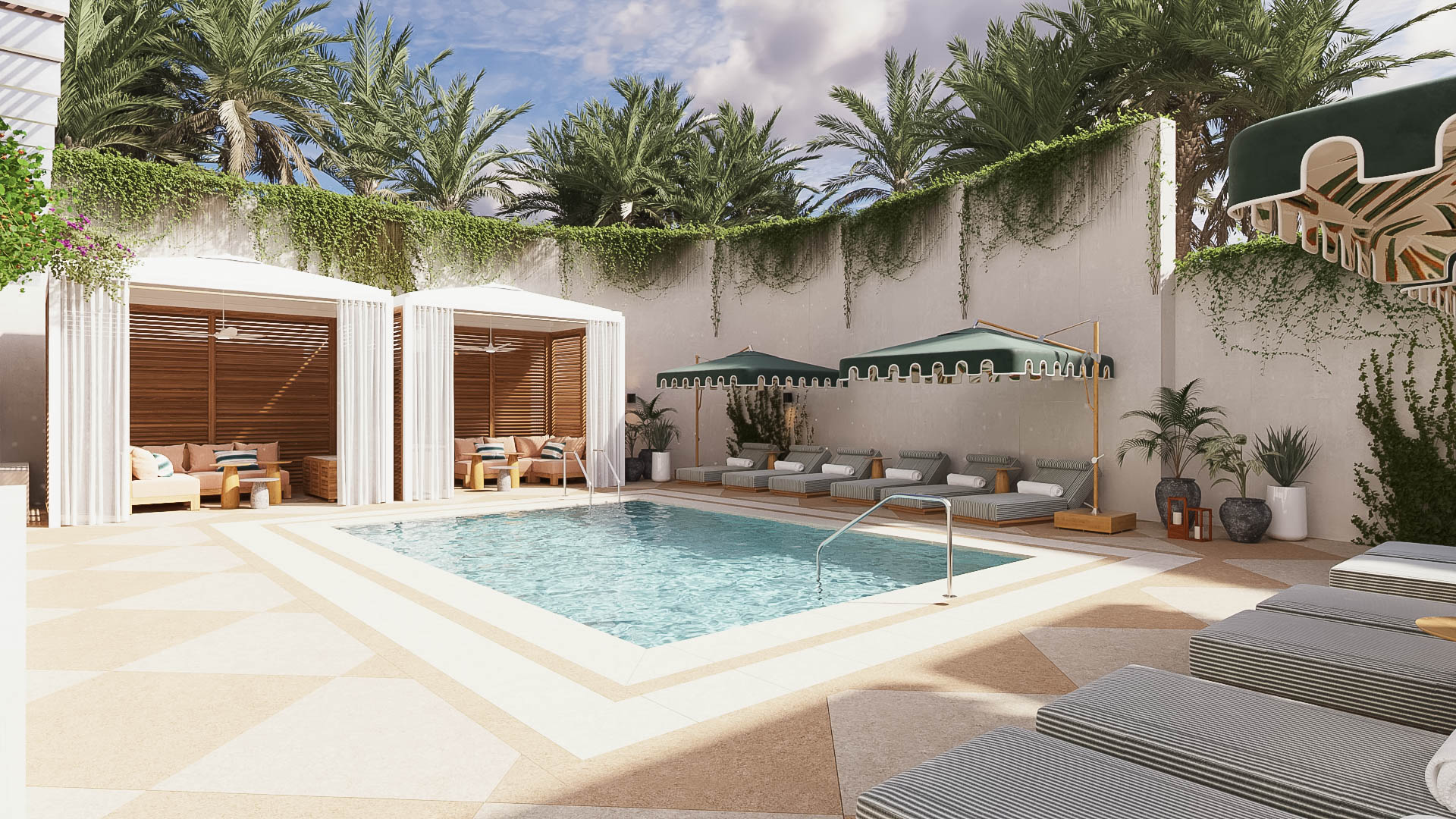 a swimming pool with lounge chairs and a pool in a backyard