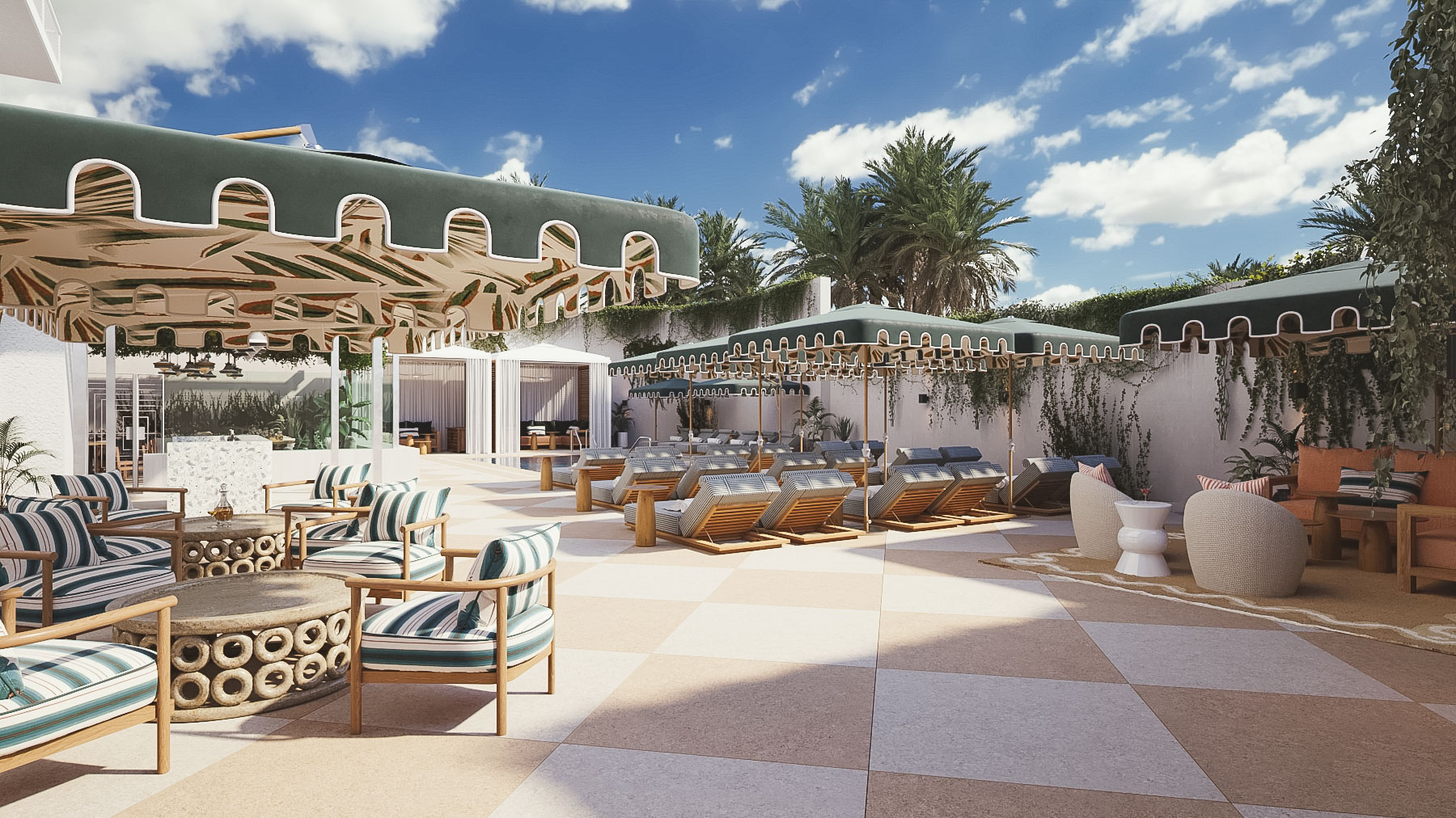 a patio with chairs and umbrellas