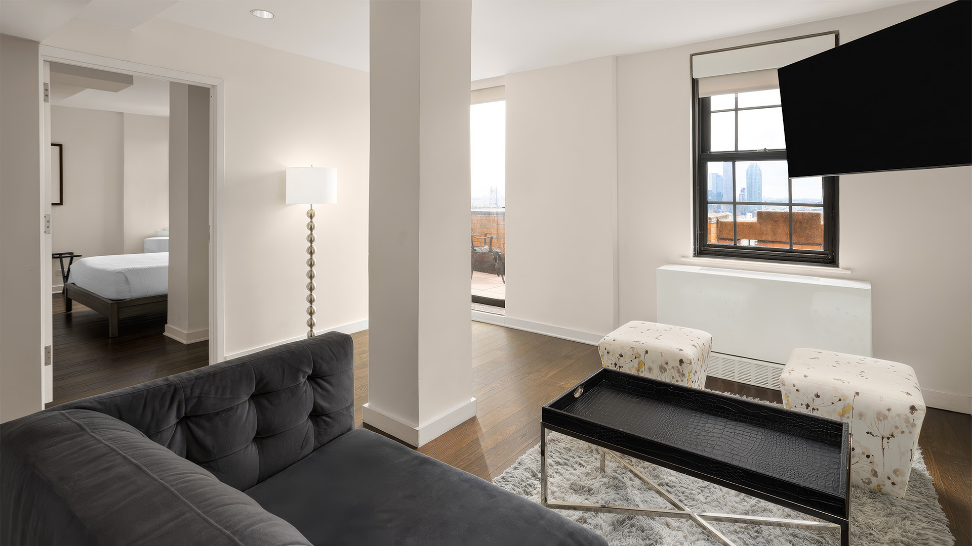a living room with a couch and a coffee table
