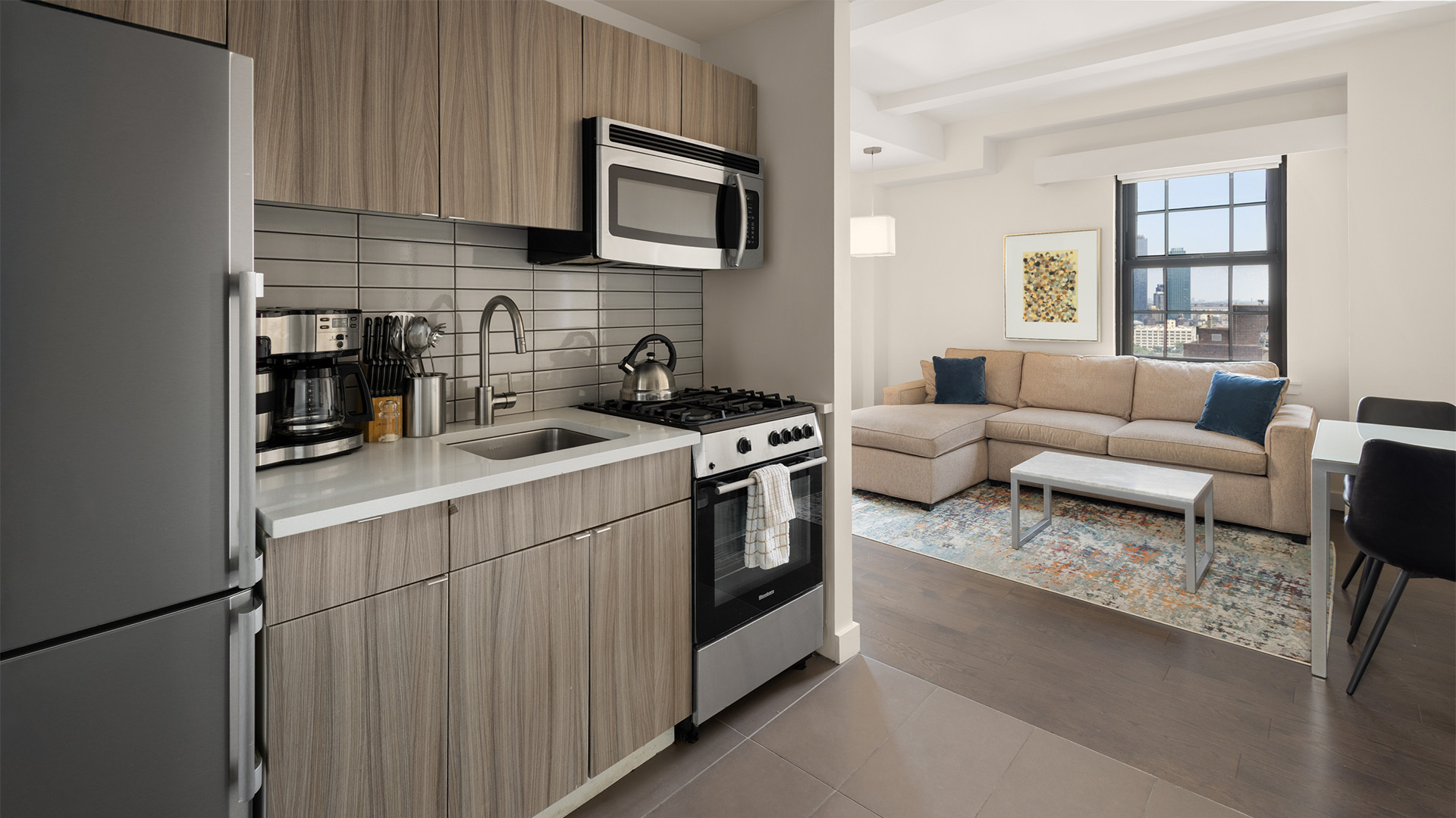 a kitchen with a couch and a couch