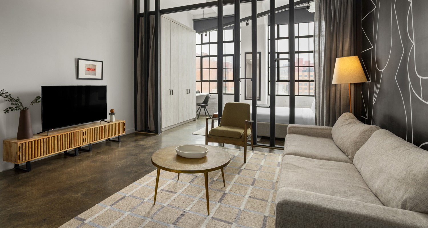 a living room with a couch and a coffee table
