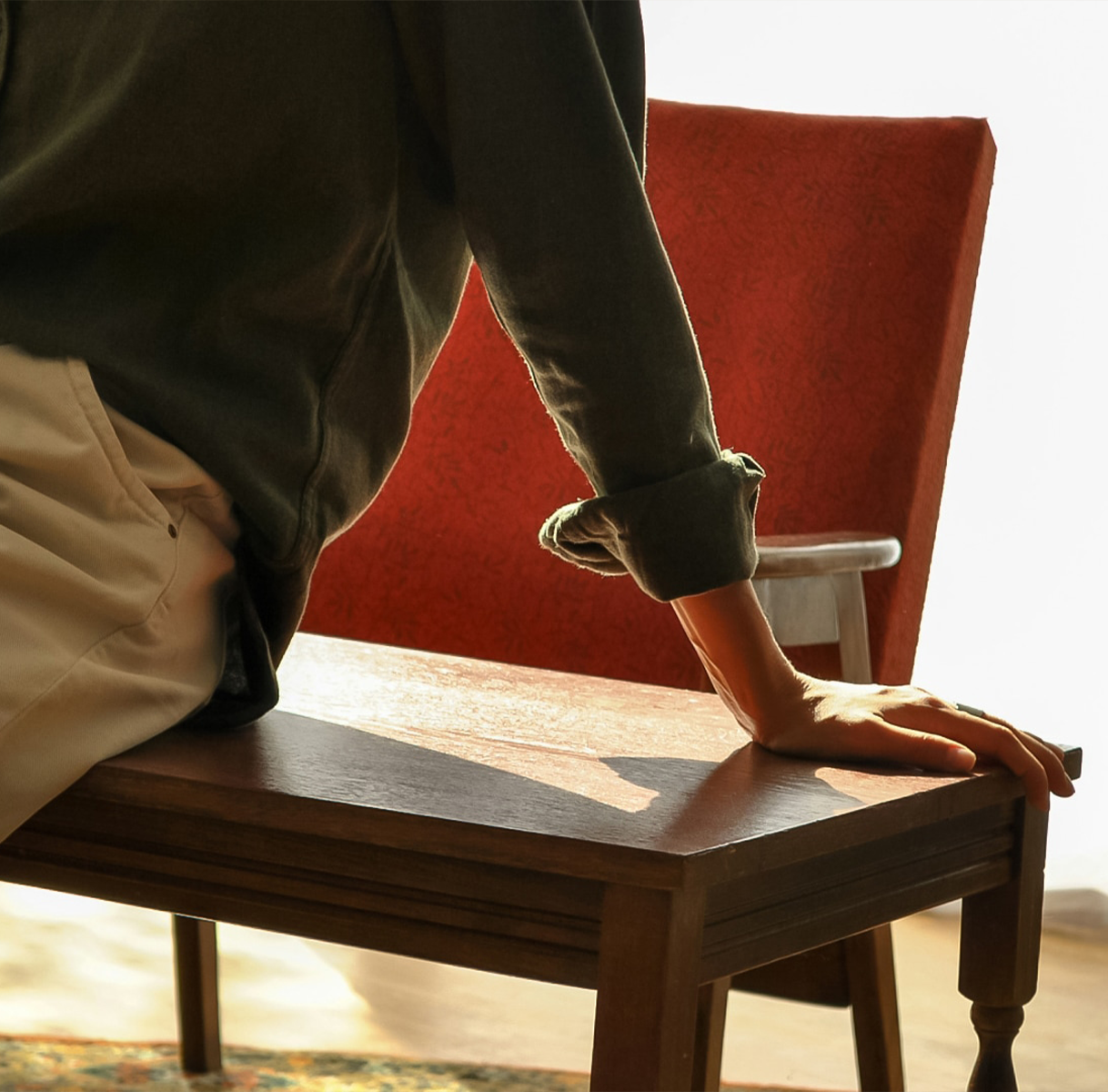 a person sitting on a table