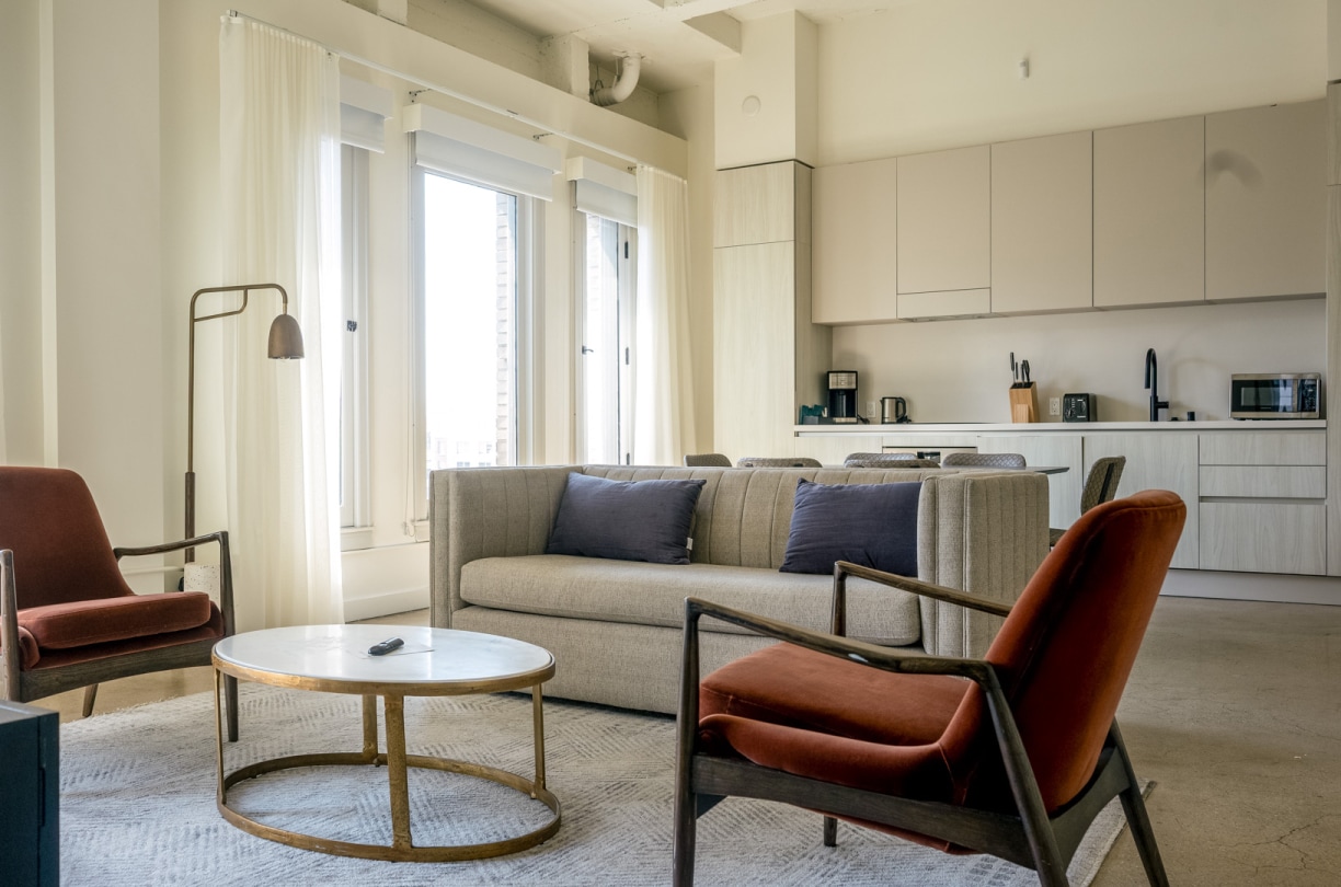 a living room with a couch and a coffee table