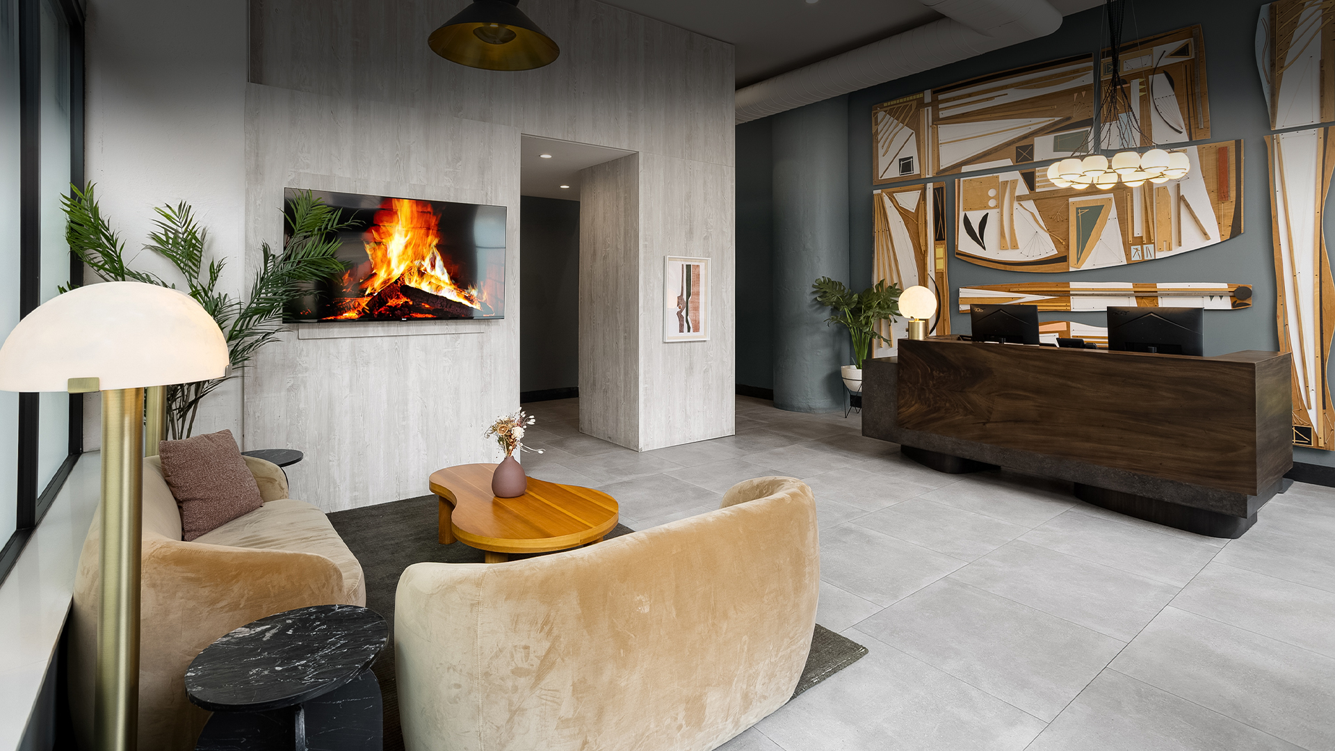 a room with a fireplace and a couch