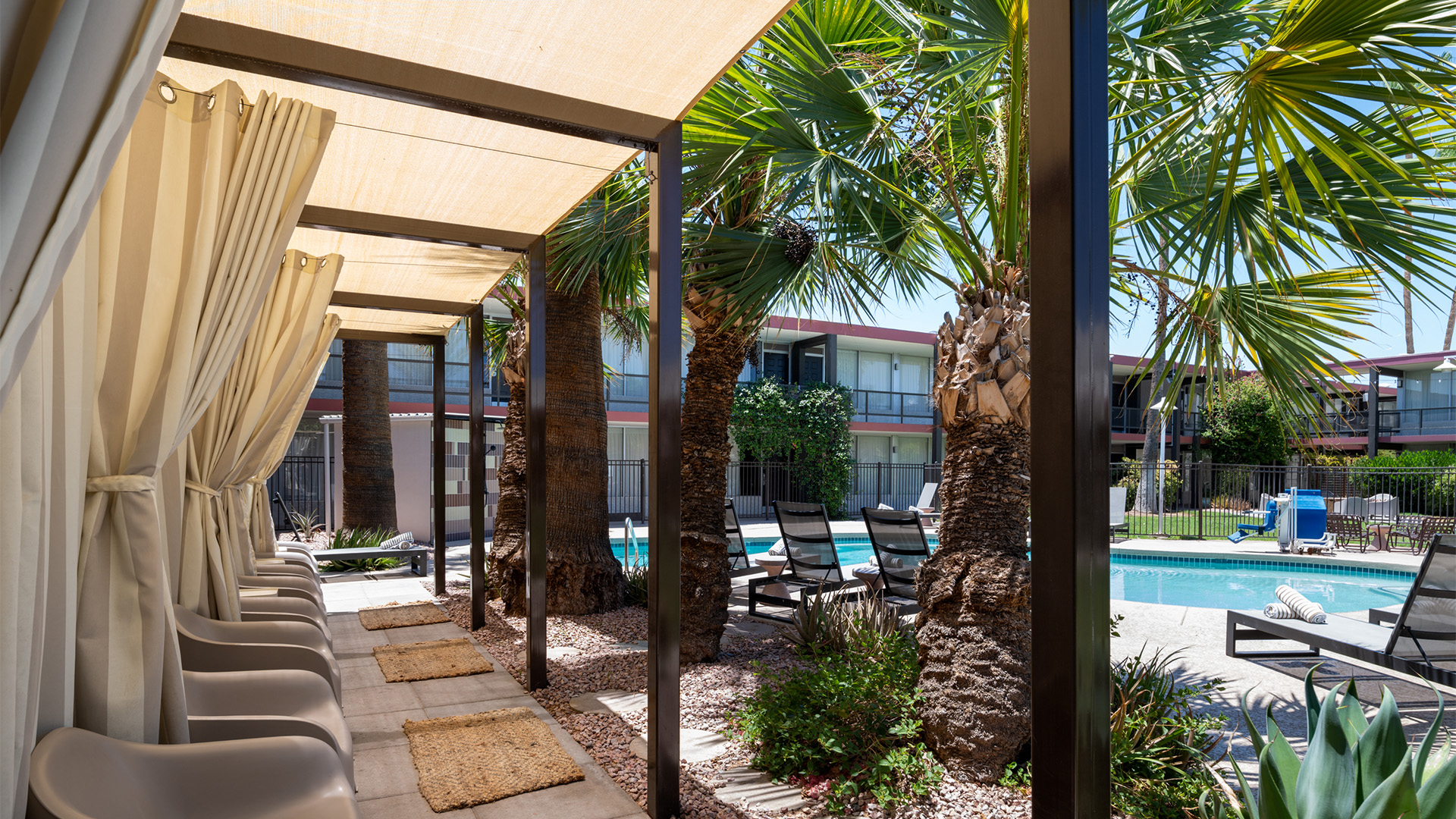 a pool area with palm trees and chairs