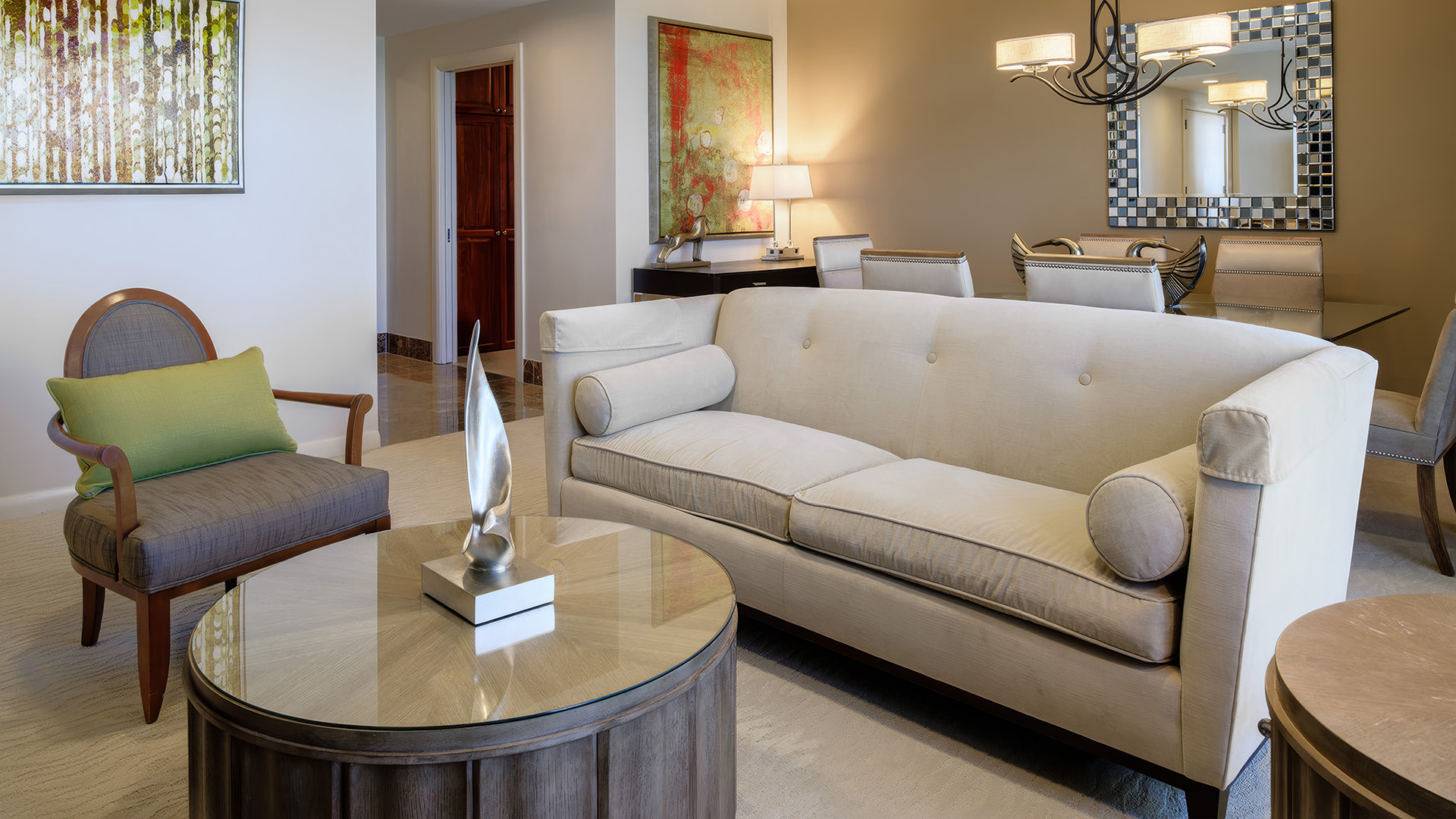 a living room with a couch and a table