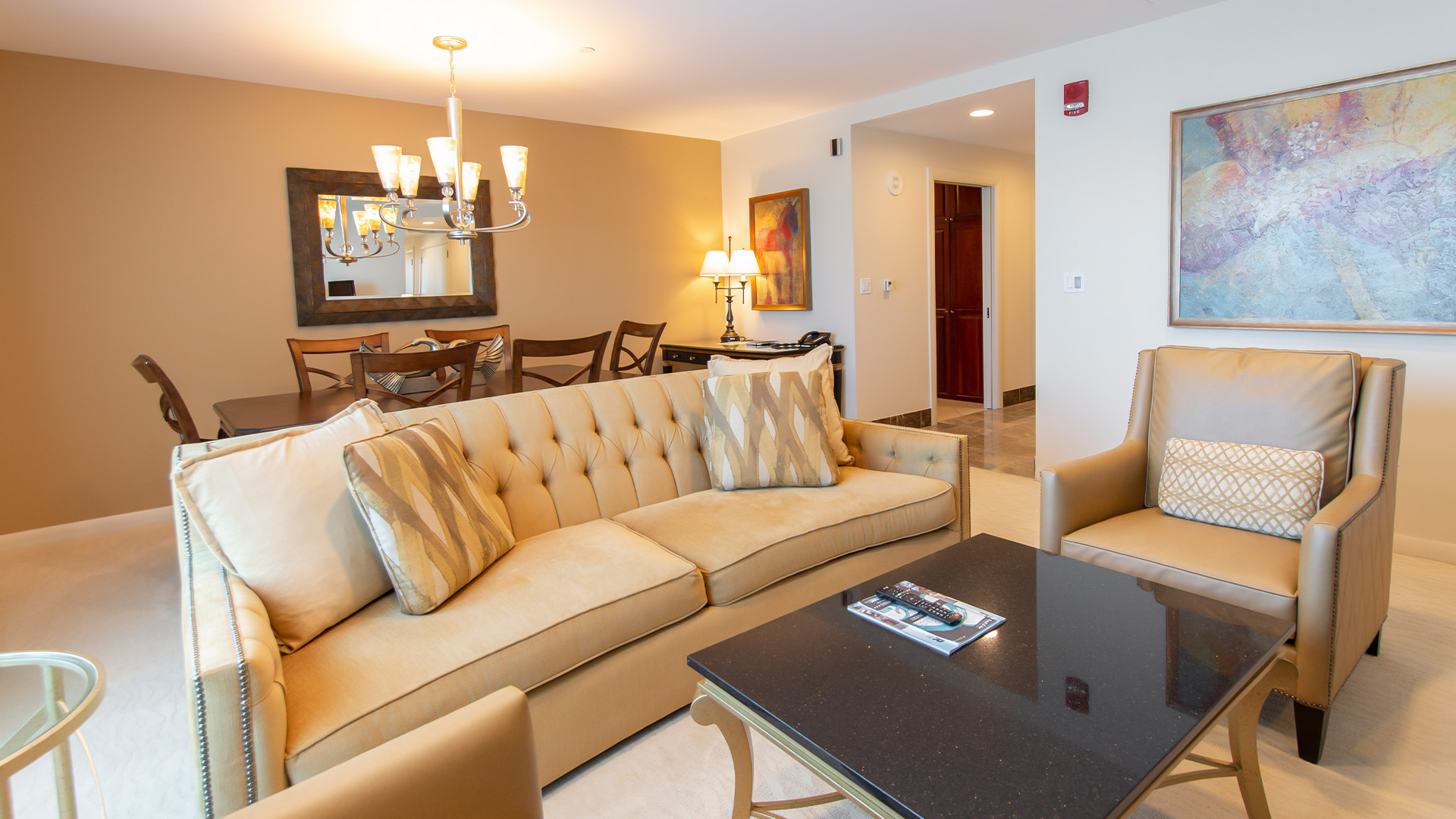 a living room with a couch and a table