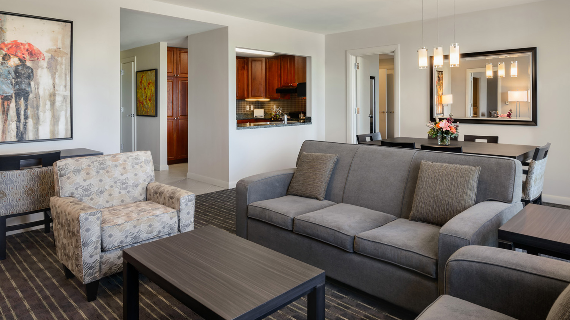 a living room with a couch and a table