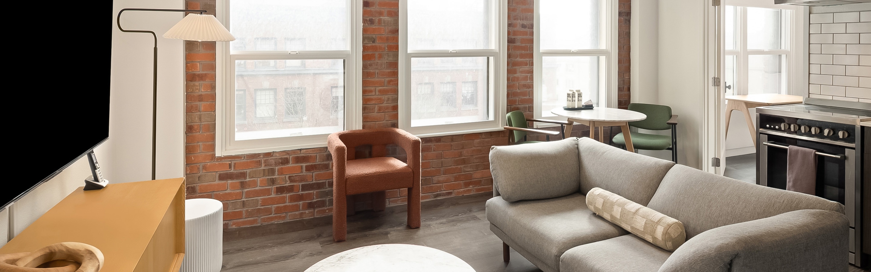 a living room with a couch and a table