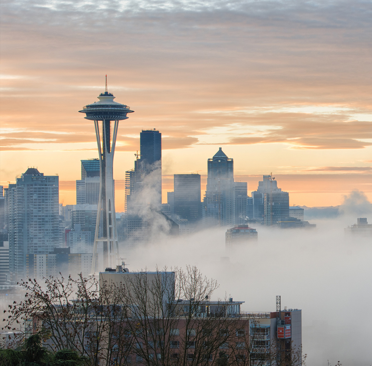 a city with a tall tower and a foggy sky