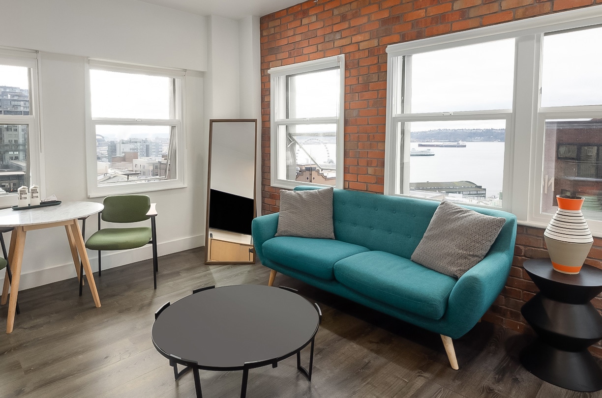 a room with a couch and a table