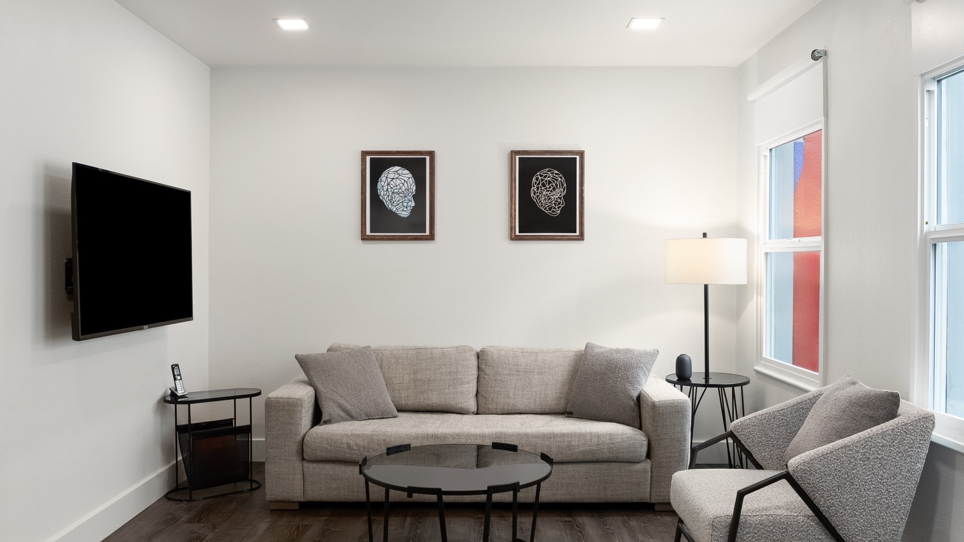 a living room with a couch and a table