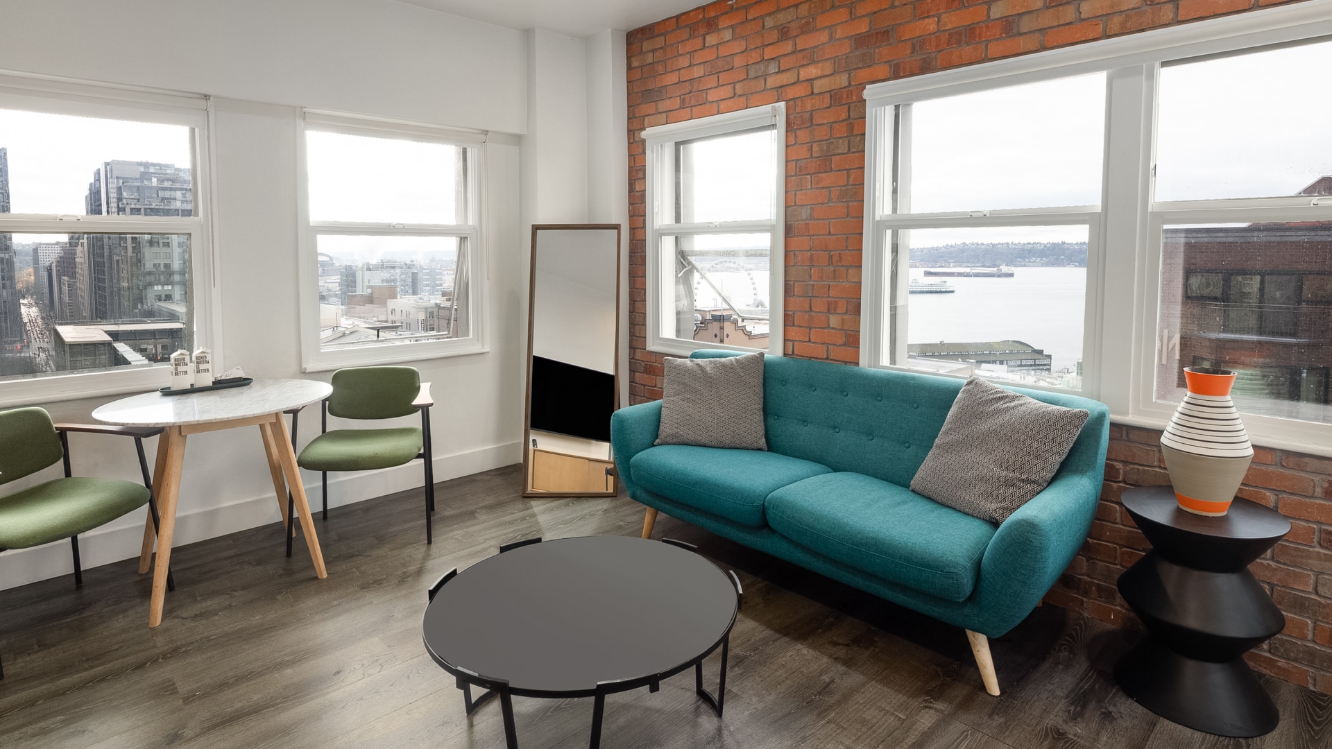 a room with a couch and a table