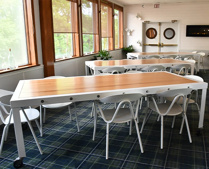 a room with tables and chairs